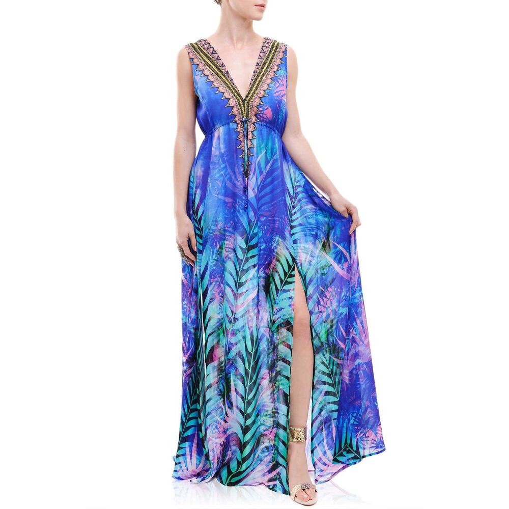 Shahida Parides Tropical Print Blue Purple Maxi Beaded Dress - Small